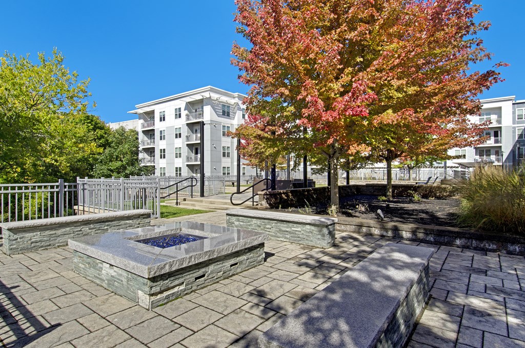 A courtyard with a fountain surrounded by trees and a building in the background.