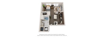 A 3D floor plan of a small apartment with a kitchen, living room, and bathroom.