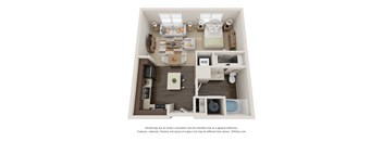 A 3D floor plan of a small apartment with a kitchen, living room, and bathroom.