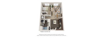 A 3D floor plan of a house with a fireplace on the top floor.