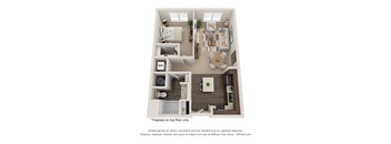 A 3D floor plan of a house with a living room, dining room, kitchen, and bathroom.