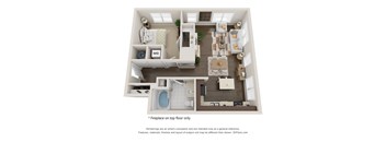 A 3D floor plan of a house with a living room, kitchen, and bathroom.