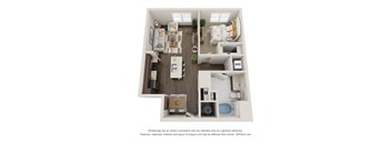 A 3D floor plan of a small apartment with a kitchen, living room, and bathroom.