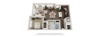 A 3D floor plan of a house with a living room, dining room, kitchen, and bathrooms.