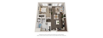 A 3D floor plan of a small apartment with a bedroom, living room, and bathroom.