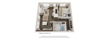 A 3D floor plan of a small apartment with a kitchen, living room, and bathroom.