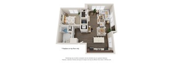 A 3D floor plan of a small apartment with a kitchen, living room, and bedroom.