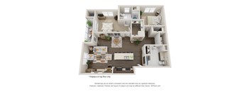 A 3D floor plan of a house with a living room, kitchen, and two bedrooms.