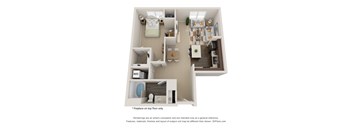 A 3D floor plan of a house with a kitchen, living room, and bathroom.