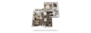 A 3D floor plan of a small apartment with a kitchen, living room, and bedroom.