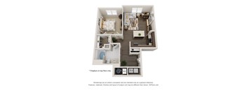 A 3D floor plan of a house with a living room, kitchen, and two bedrooms.
