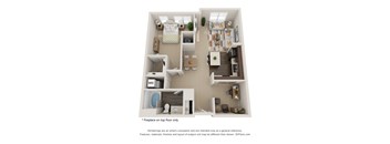 A 3D floor plan of a small apartment with a kitchen, living room, and bathroom.