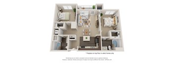 A 3D floor plan of a home layout with a kitchen, living room, and bedrooms.