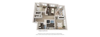 A 3D floor plan of a house with a fireplace on the top floor.