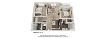A 3D floor plan of a small apartment with a kitchen, living room, and two bedrooms.