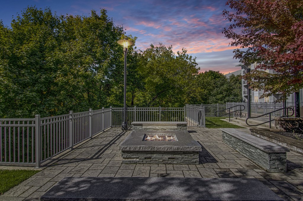 A park with a fire pit surrounded by a fence.