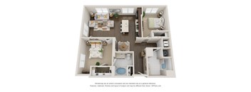 A 3D floor plan of a small apartment with two bedrooms and a living room.