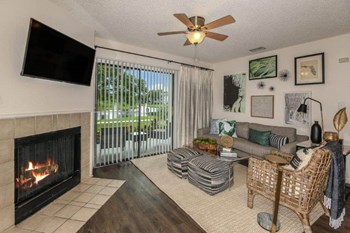 Model living room with fireplace