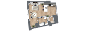 a 3d rendering of a floor plan of a home with wood floors and a