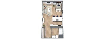 A top-down view of a small apartment with a bed, couch, and kitchen area.