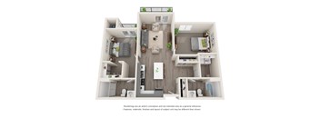 A 3D rendered image of a modern apartment layout.