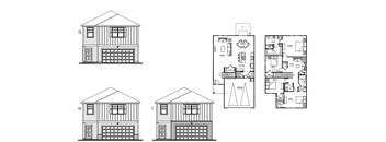 three dimensional views of a house with a floor plan and elevations