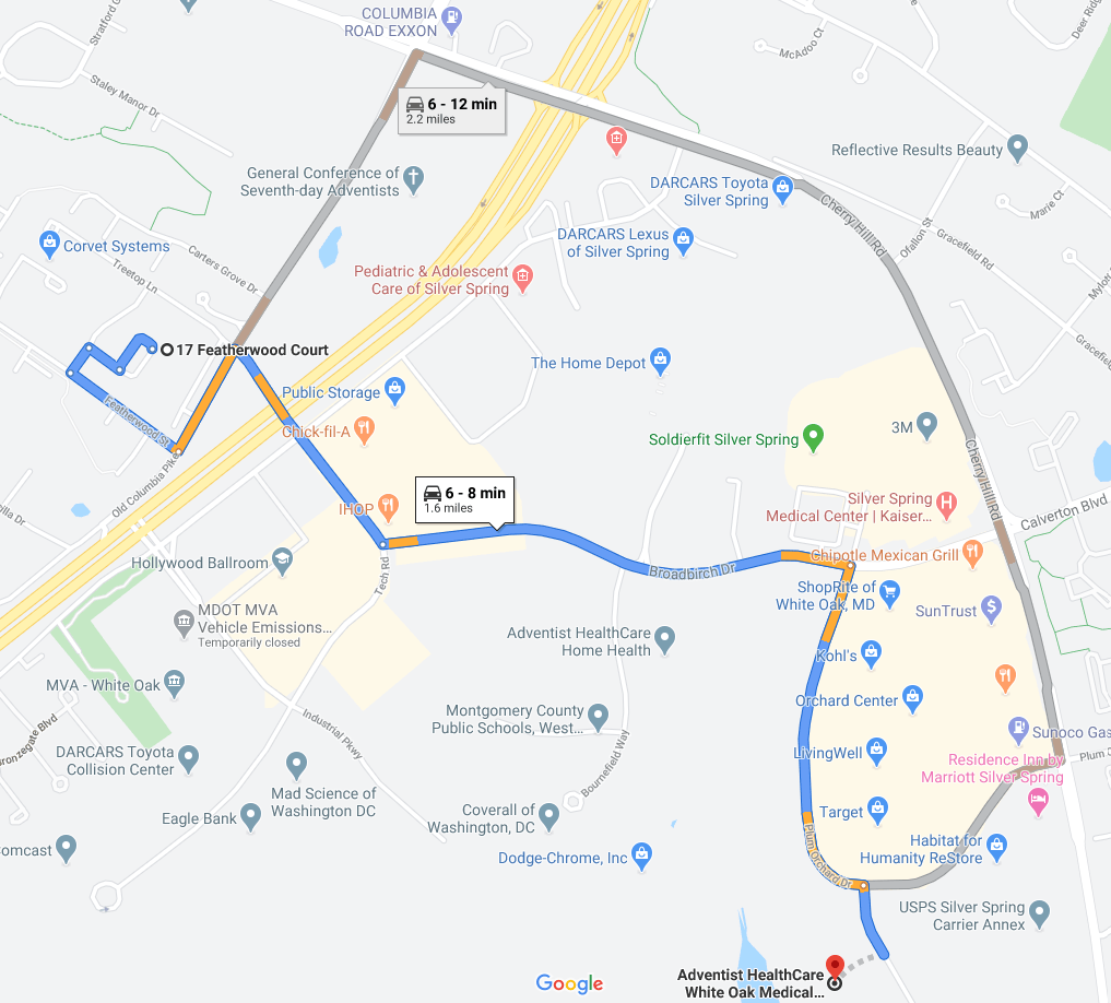 image showing a map of the directions from Spring Parc apartments to the Washington Adventist Hospital