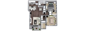 Spruce Floor Plan, 2-bed 2-bath, 941 SQFT.