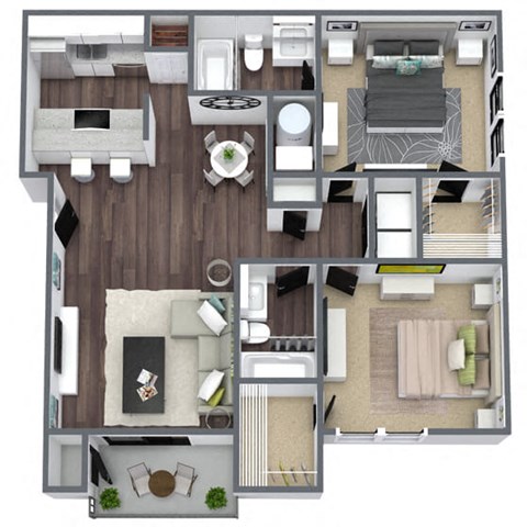 Spruce Floor Plan, 2-bed 2-bath, 941 SQFT.