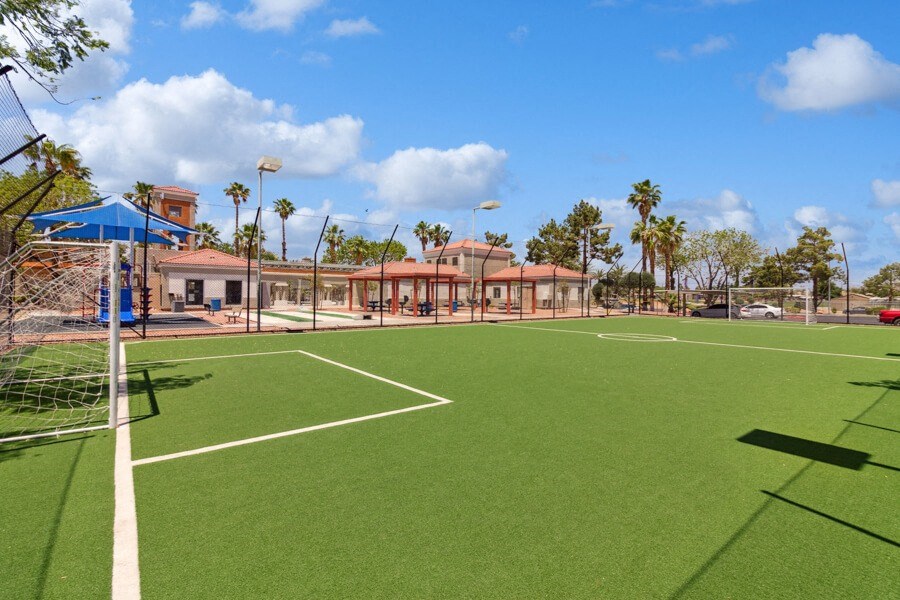a soccer field with palm trees in the background