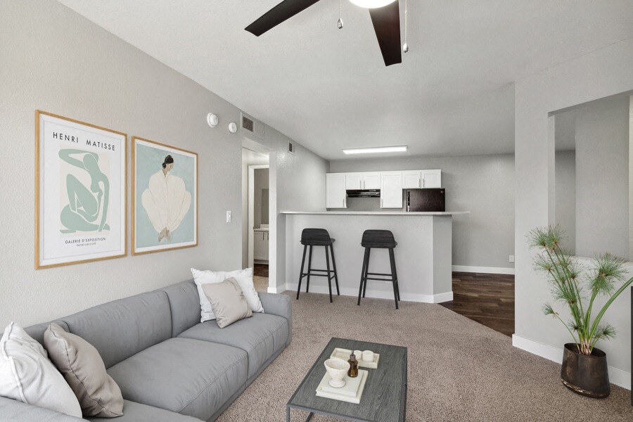 a living room with a couch and a coffee table