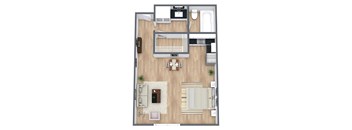 A top-down view of a modern apartment layout with a kitchen, living room, and open bedroom.