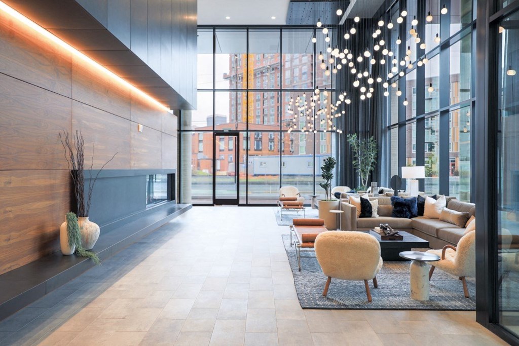 Lobby with fireplace at The Sutton