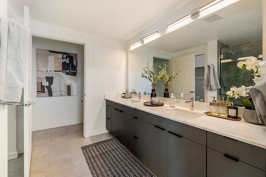 Model bathroom at The Register located in Post District Residences in downtown Salt Lake City, Utah
