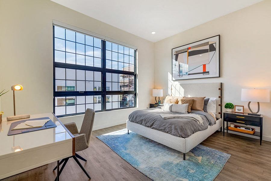 Model bedroom at The Register located in Post District Residences in downtown Salt Lake City, Utah