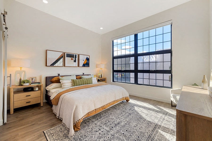 Model bedroom at The Register located in Post District Residences in downtown Salt Lake City, Utah