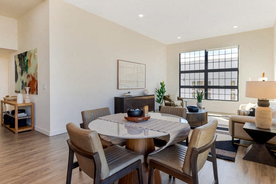 Model dining area at The Register located in Post District Residences in downtown Salt Lake City, Utah