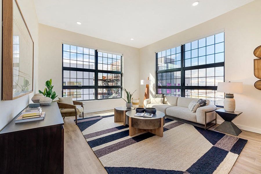 Model living room at The Register located in Post District Residences in downtown Salt Lake City, Utah