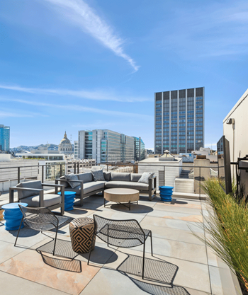 Rooftop lounge with TV at TL Residences in San Francisco, CA