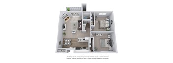 2 bed 1 bath 3D Floor Plan  A