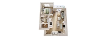 a 3d drawing of a bedroom with a bathroom and a living room