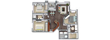 A detailed 3D floor plan of a two-story residential apartment.