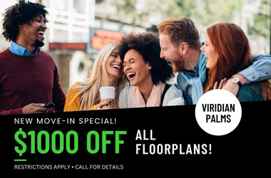 a group of people laughing with the text - new movie in special! $1000 off all floor plans