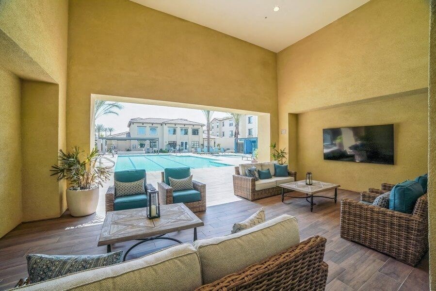 Convertible lounge space with view of pool