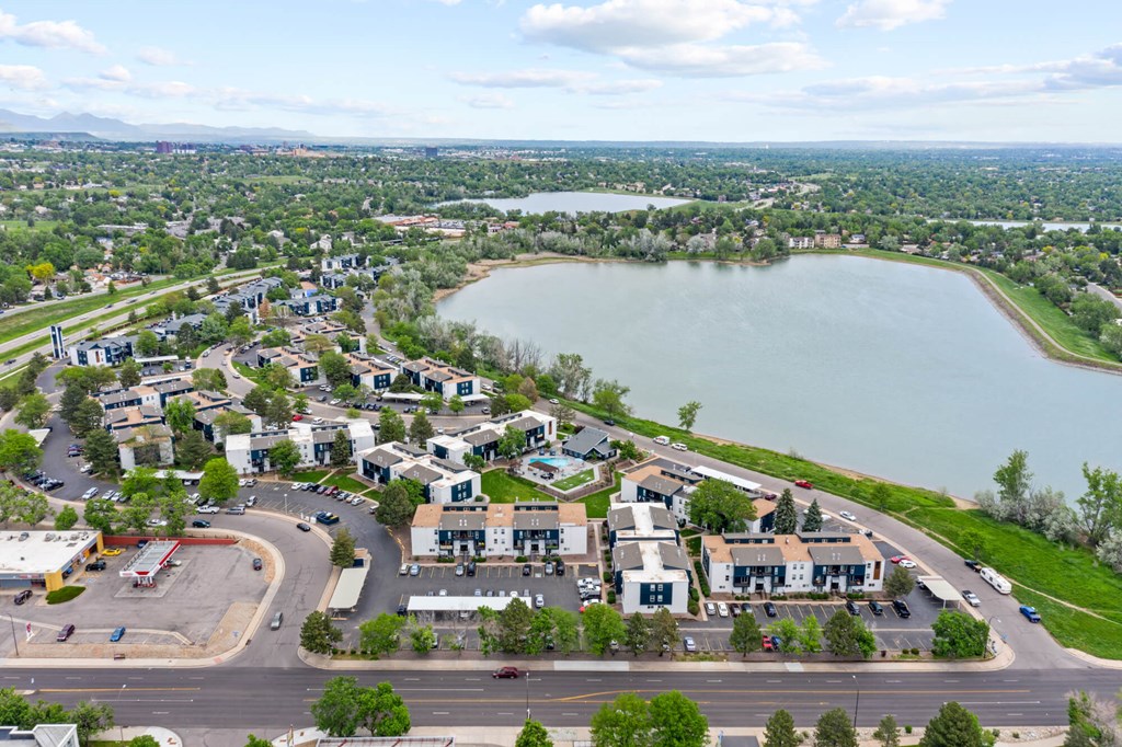 Aerial view of the lake and the apartment community