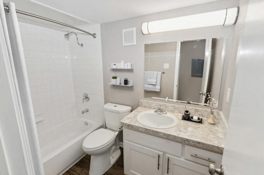 a bathroom with a tub sink and toilet and a mirror