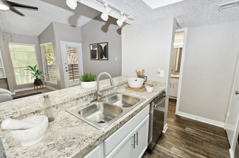 a kitchen with a sink and a counter top