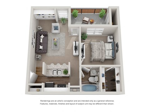 1 Bedroom 1 Bathroom 3D Floor Plan