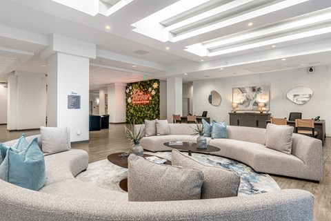 A modern living room with a grey sofa and a coffee table.