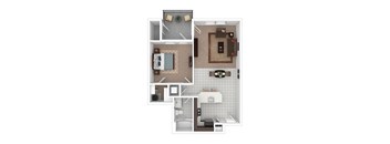 A floor plan of a small apartment with a kitchen, living room, and bathroom.